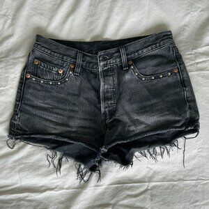 LEVIS 501 Shorts Raw Hem Studded Distressed Black Denim Size 25